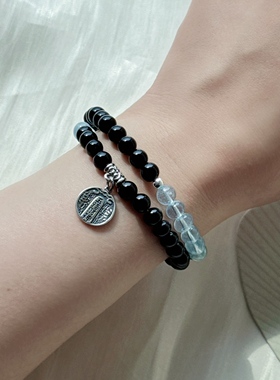 7A天然海蓝宝黑曜石招财水晶手串