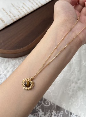 小众原创设计天然虎眼石925纯银项链法式复古风项链度假风项链