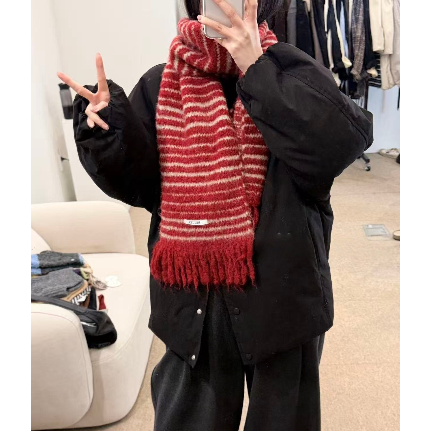 秒发！2026超火新年款条纹围巾韩国含羊毛保暖百搭红色流苏围条女,淘宝优惠券,粉丝福利购,淘宝优惠卷