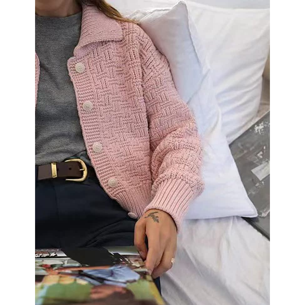 秒发！韩国25冬modest m*od小众扭花菱格翻领针织开衫毛衣外套女 - 图1