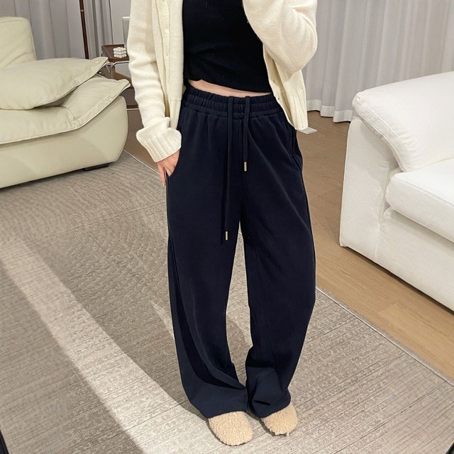 Women's winter floral gray wide-leg sweatpants with velvet and thickening