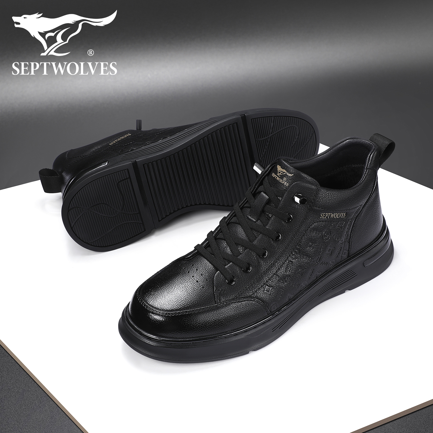 七匹狼高帮板鞋男款冬季加绒休闲皮鞋2025新款黑色保暖真皮鞋子男 - 图1