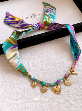 彩染印花布料太阳丝巾项链新款个性时尚百搭锁骨链小众感项饰