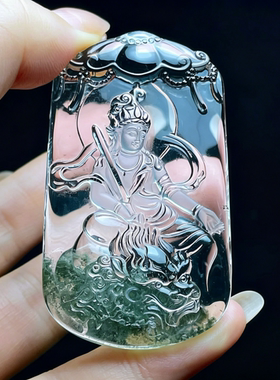 天然水晶绿幽灵雕刻文殊菩萨吊坠