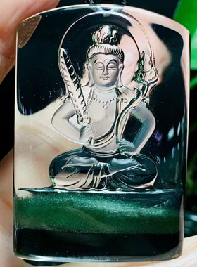 天然白水晶绿幽灵雕刻虚空藏菩萨吊坠佛像属虎属牛