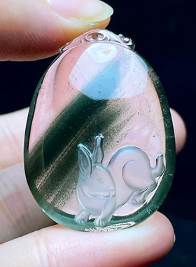 天然白水晶绿幽灵雕刻兔生肖兔小兔子吊坠