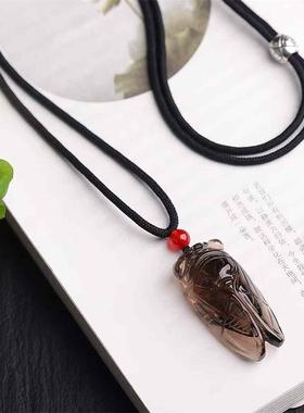 天然茶水晶雕刻蝉知了吊坠