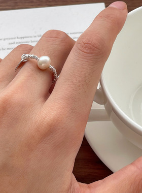 S925纯银ins风碎银子天然珍珠戒指女lucky吊牌弹力绳指环