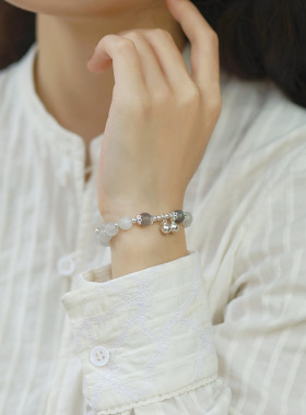 s925纯银白猫眼手链女铃铛简约高级感白色少女天然水晶手串diy