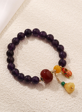 天然金丝玉手链虎头鞋手环紫色水晶手串招财转运2024年新款女