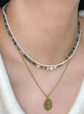 浮漾FLOAT复古绿色石材串珠项链小众天然淡水珍珠叠戴气质锁骨链