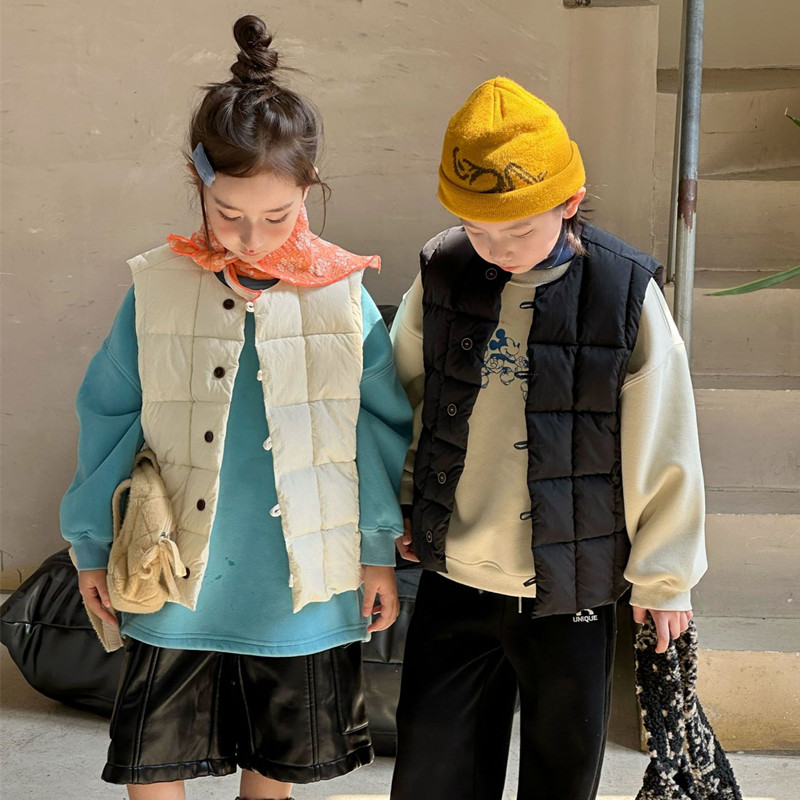 儿童设计款百搭方块绗棉马甲冬季新品韩系男女童夹棉无袖坎肩背心 - 图1