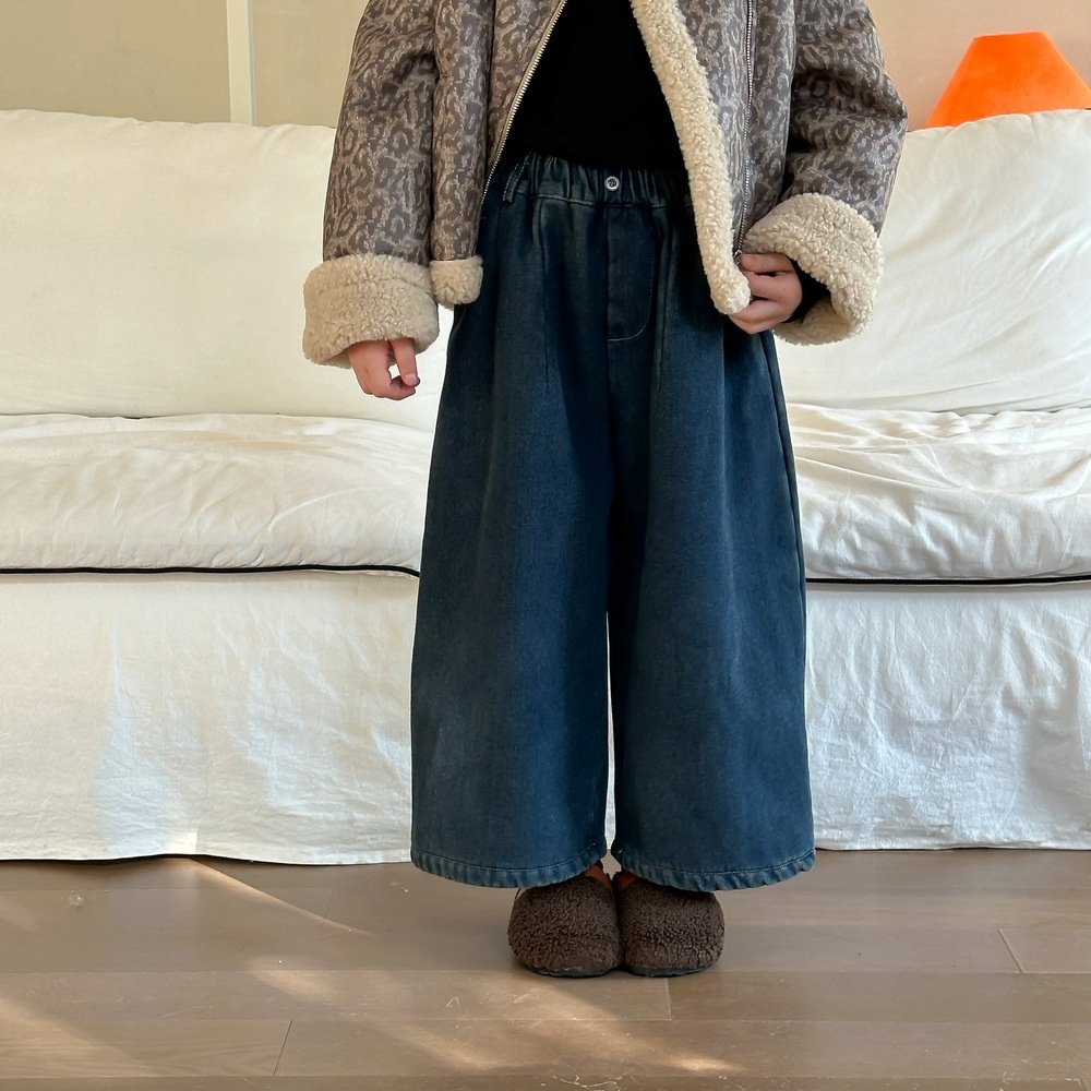 儿童韩版纯色设计感一体绒牛仔裤冬季新品女童加绒休闲宽松直筒裤,淘宝优惠券,粉丝福利购,淘宝优惠卷