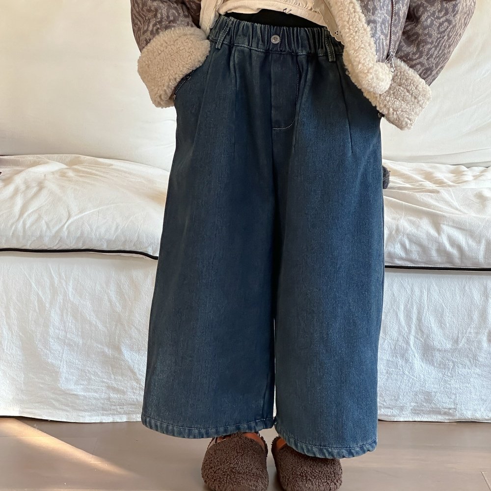 儿童韩版纯色设计感一体绒牛仔裤冬季新品女童加绒休闲宽松直筒裤,淘宝优惠券,粉丝福利购,淘宝优惠卷