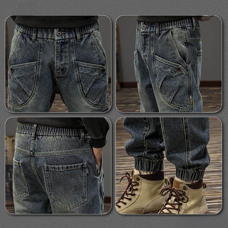 重磅拼接工装牛仔裤男宽松复古美式高街裤子潮流百搭哈伦束脚男裤,淘宝优惠券,粉丝福利购,淘宝优惠卷