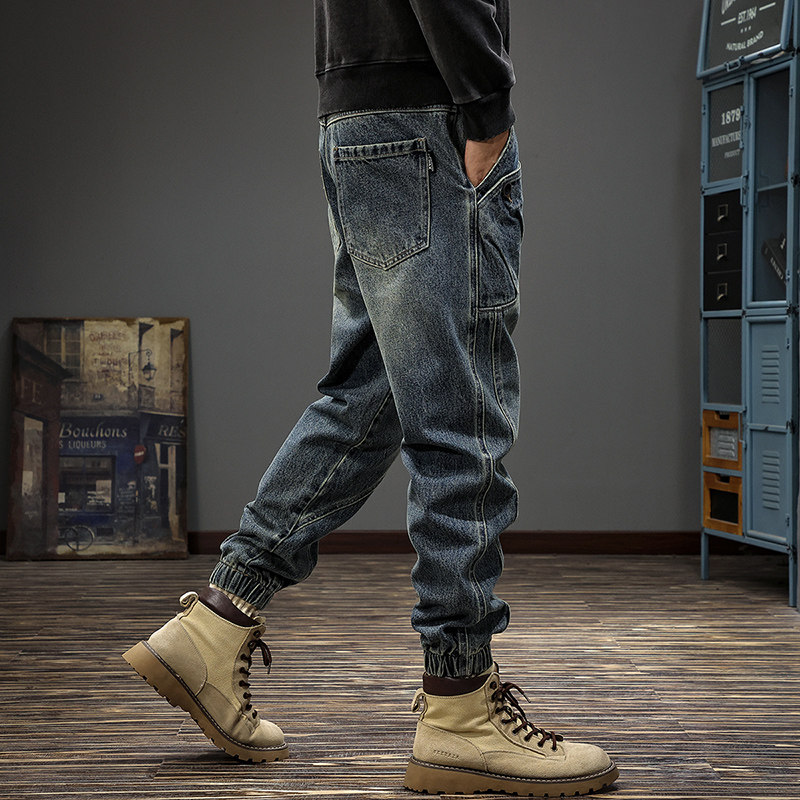重磅拼接工装牛仔裤男宽松复古美式高街裤子潮流百搭哈伦束脚男裤,淘宝优惠券,粉丝福利购,淘宝优惠卷