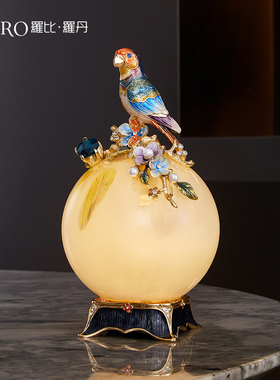 罗比罗丹《鹦鹉》摆件珐琅彩工艺博古架带灯摆件创意家居饰品