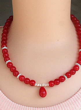 新中式红色仿玉石串珠项链弹力绳