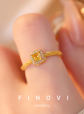 FINOVI 纯银小方糖电镀黄金戒指女个性对戒七夕情人节礼物送女友