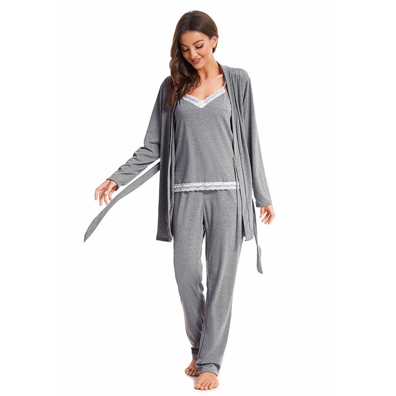 跨境大码睡衣蕾丝拼接吊带睡裙女睡袍长裤奢华三件套装针织棉,淘宝优惠券,粉丝福利购,淘宝优惠卷