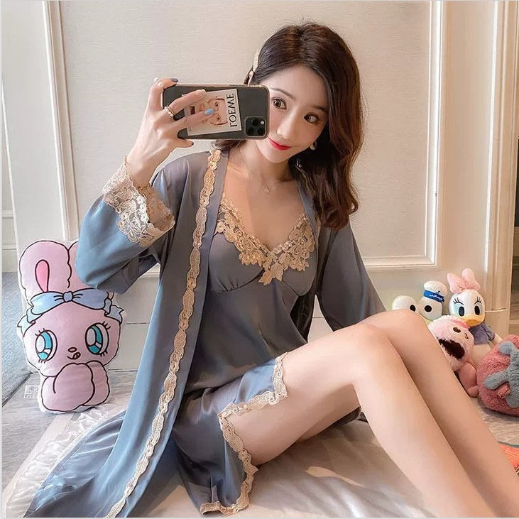 冰丝睡裙浴袍家居服性感睡衣女夏长袖薄款带胸垫睡袍套装,淘宝优惠券,粉丝福利购,淘宝优惠卷