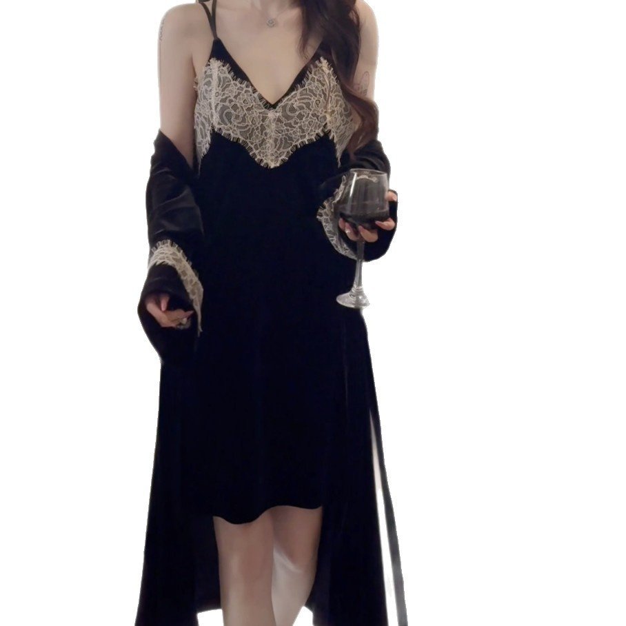 花边金丝绒刺绣短款睡衣性感露背吊带睡裙系带外袍女家居服套装,淘宝优惠券,粉丝福利购,淘宝优惠卷