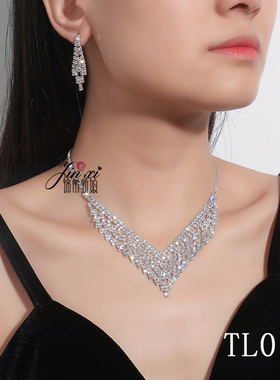 年会水钻简约奢华满闪钻项链耳环二件套装新娘首饰品百搭套链项链