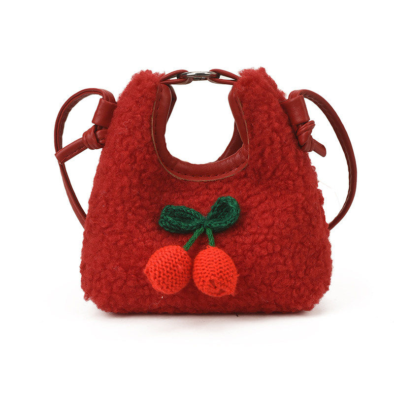 秋冬新款儿童可爱羊羔毛樱桃手拎包新年红色迷你零钱包女斜跨包小,淘宝优惠券,粉丝福利购,淘宝优惠卷