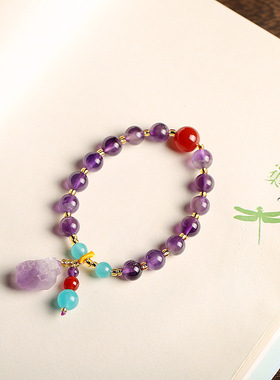 天然薰衣草紫水晶原石手链男女饰品原矿不规则随形紫晶簇原矿手串