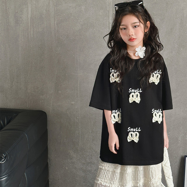 Round neck sweet short-sleeved bow T-shirt mid-length style