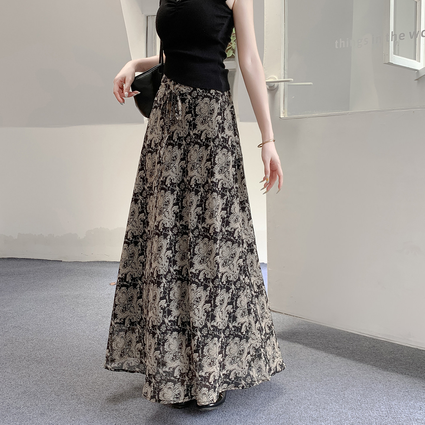 波西米亚民族风雪纺印花半身裙女2025夏季新款高腰显瘦系带a字裙,淘宝优惠券,粉丝福利购,淘宝优惠卷