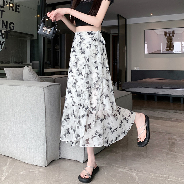 Floral midi-length one-piece versatile high-waisted beach skirt