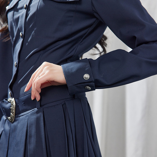 A21宝蓝气质连衣裙翻领长袖修身百褶A字裙修身显瘦时尚长袖连衣裙