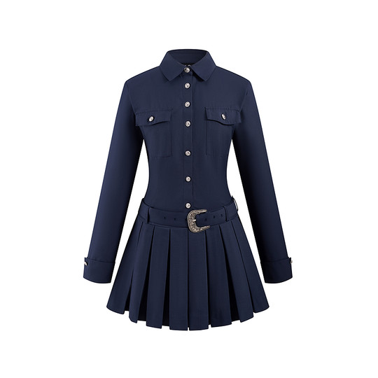 A21宝蓝气质连衣裙翻领长袖修身百褶A字裙修身显瘦时尚长袖连衣裙