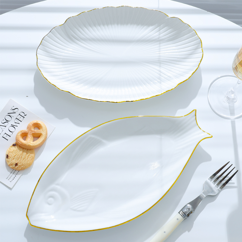 陶瓷鱼盘长方形蒸鱼盘子创意欧式金边餐具家用菜盘鱼形椭圆形餐盘 - 图2
