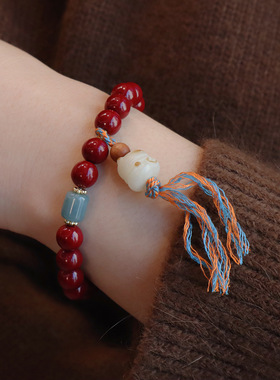 朱砂手串女本命年天然蓝水翡翠葫芦手链福禄生财古风手串新中式