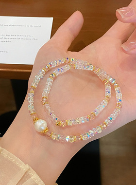春天清新甜美森系超闪人造K9水晶双圈手链简约百搭淡水珍珠