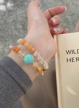 秋冬新款中式天然白水晶金丝玉双圈手链民族风天河石方砖手串