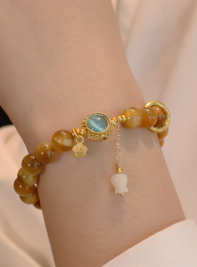 网红爆款天然金虎眼石手链轻奢小众贝壳花朵吊坠手链串珠饰品