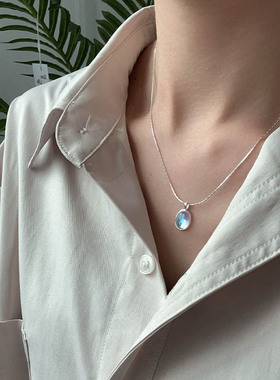 新款S925纯银月光石海蓝宝项链女独特设计椭圆宝石蛇骨链