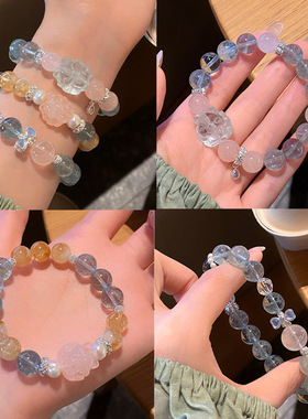 绿色生命力新中式甜美森系天然萤石手链轻奢高级感粉晶九尾狐