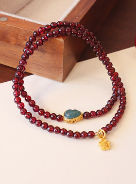 天然石榴石手链女双圈酒红净体正品蓝水翡翠葫芦百搭新中式高级感