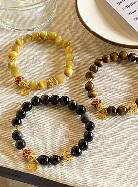 新中式复古民族风天然银曜石虎眼手链轻奢高级感锦鲤招财进宝