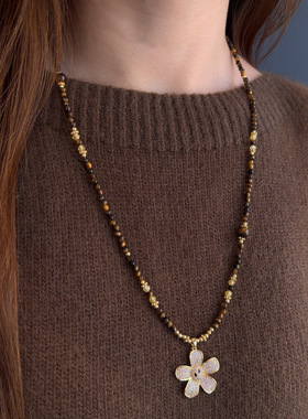 秋冬天然石美拉德虎眼石串珠项链长款毛衣链保色轻奢高级饰品