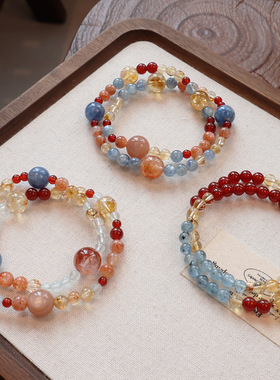 多宝天然海蓝宝串珠水晶手链女时尚高级感蓝晶石黄塔晶手串首饰