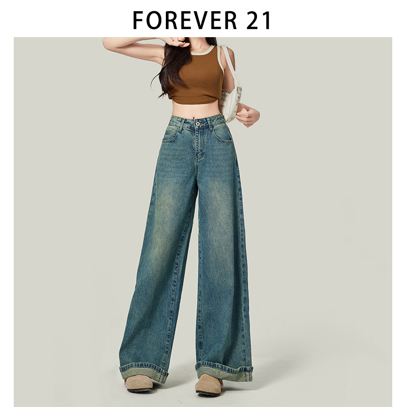 Forever 21复古宽松小卷边阔腿牛仔裤女新款蓝色长裤梨形身材裤子