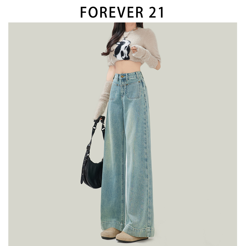 Forever 21浅色大阔腿牛仔裤女款梨形独特口袋设计蓝色高腰长裤子