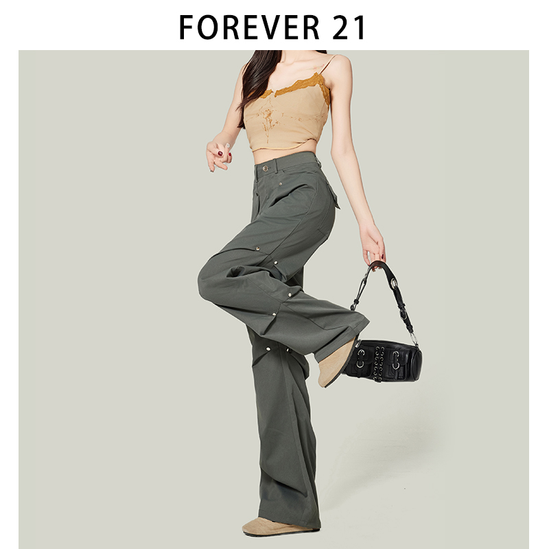 Forever 21独特铆钉设计美式复古工装裤女高腰小个子灰色休闲裤子