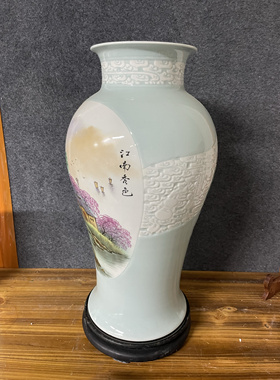 景德镇陶瓷艺术瓷厂1973全手工手绘雪景山水美人鱼花瓶收藏摆件