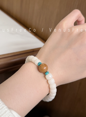 手工定制天然白菩提蓝绿松石925纯银lucky牌幸运水晶宝石手串手链